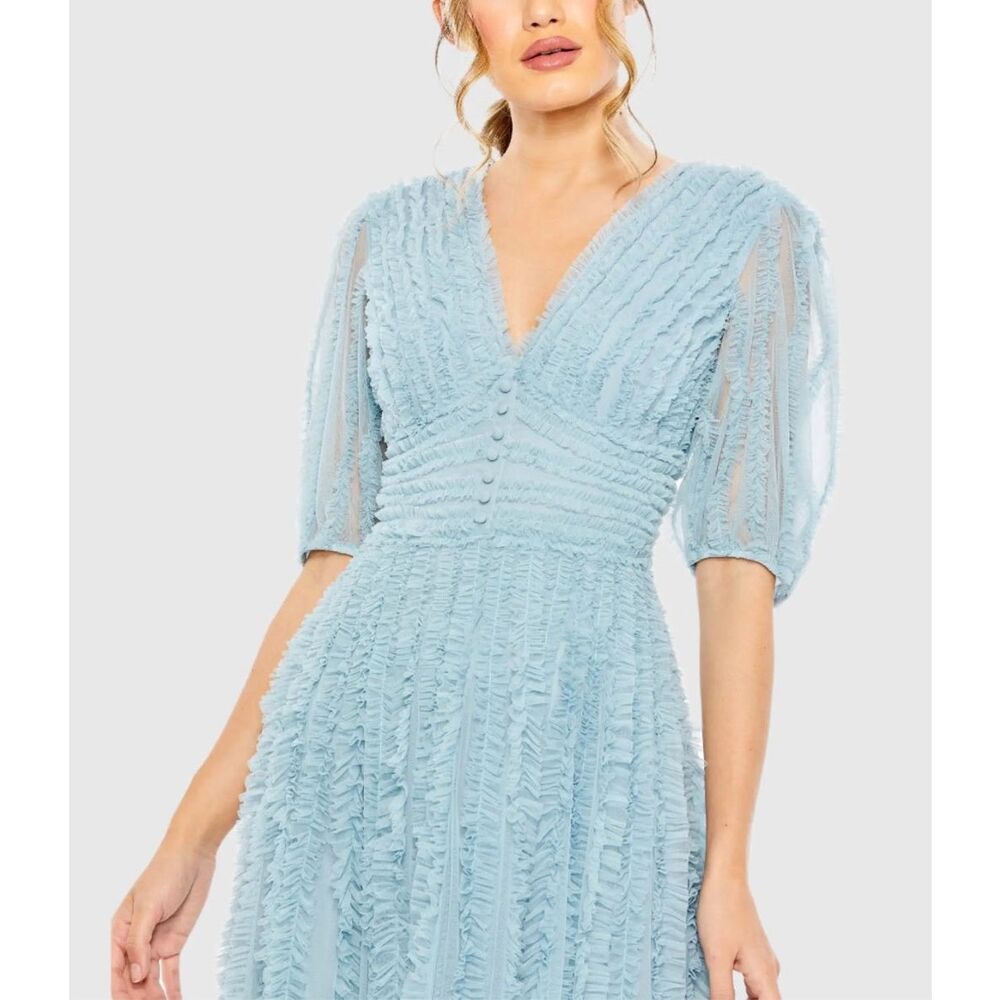 MAC DUGGAL Blue V Neck Puff Sleeve Ruffle Tiered A Line Gown Size 10 $598 - Picture 2 of 9